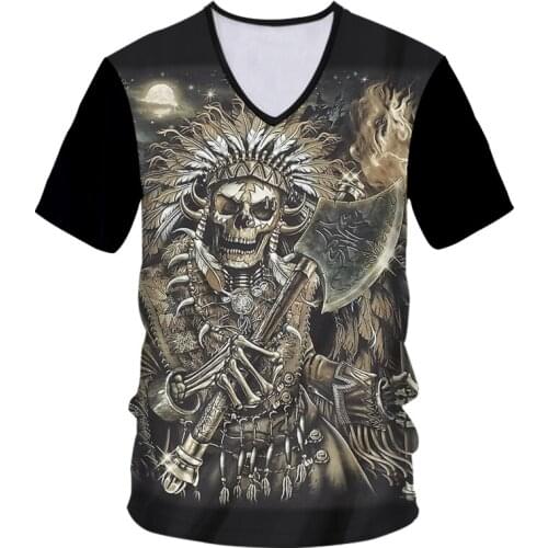 IFPD EU Size V-neck Hip Hop 3D Indians Skeleton Warrior tshirt Men Summer new streetwear Short Sleeve Harajuku tshirt oversized