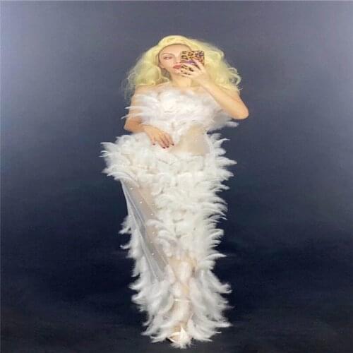 H81 Dance Feathers Trailing Dress Tight Backless Colorful Sleeveless See-Through Party Perspective Elastic Stretched Sexy Singer