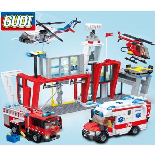 Block GUDI City Fire Station Ambulance Plane Car Building Blocks Bricks Kits Assembled Educational Toys For Children