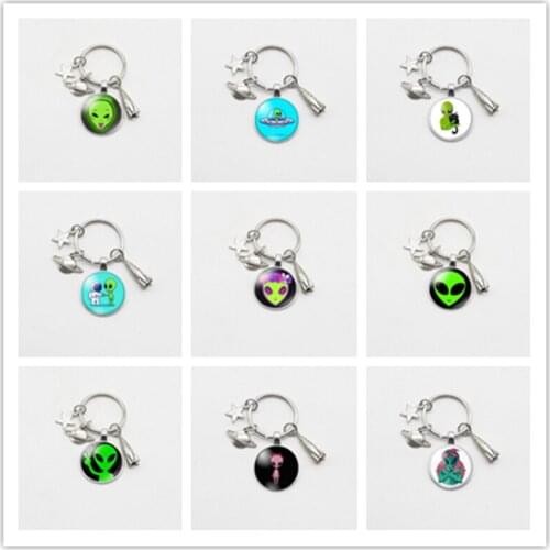 Spaceship Rocket Alien Cabochon Glass Keychain UFO Planet Astronaut Pendant Key Ring Friend Gift Jewelry