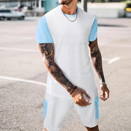 Men Loose Suit Patchwork Short Sleeve O-neck T-shirt Shorts Loose Tracksuit Sports Suit Activewear for Leisure Summer