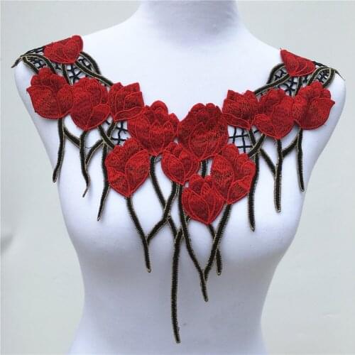 1Pc Venise Red Lace Neckline Collar fabric Dress Applique Motif Blouse Sewing Trims DIY Custome Decoration Accessories