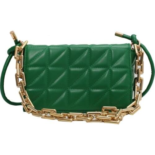 Fashion Green Quilting PU Leather Crossbody Bag for Women 2021 New Lady Thick Chain Shoulder Bags Brand Design Baguette Handbags