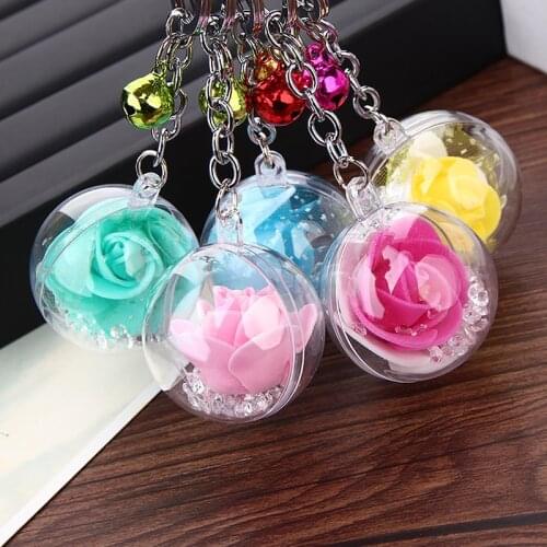 Fashion Rose Flower Crystal Keychain Metal bell Car Key Chain Girl Gift Women Bag Charm Key ring Keys pendant Accessories