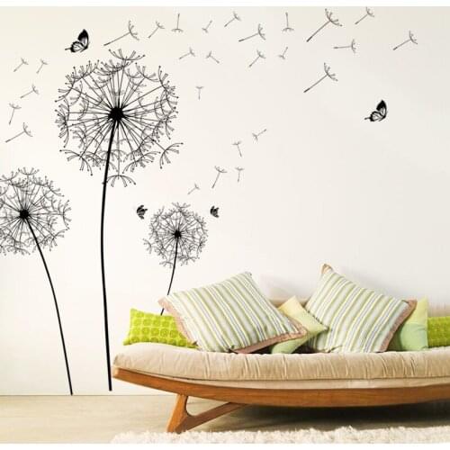 Large Black Dandelion Flower Wall Stickers Home Decoration Living Room Bedroom Furniture Art Decals Butterfly Murals