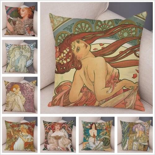 Mucha Style Pretty Girl Vintage European Cushion Cover Decor Beautiful Girls Pattern Short Plush Pillowcase for Sofa Pillow Case