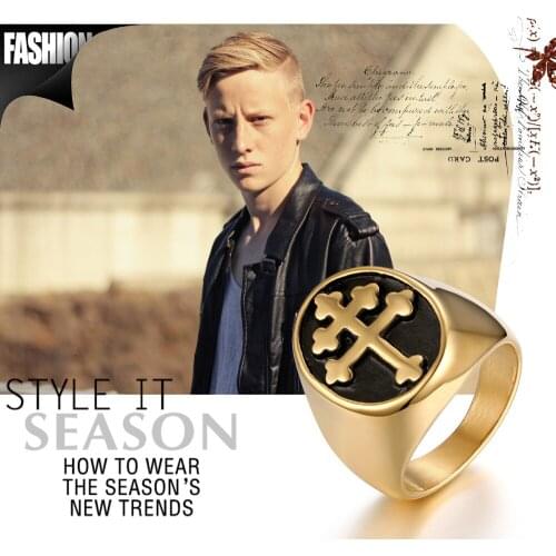 New Trendy Mens Ring Punk Gold Ring High-Quality Round Rings Cross Pattern Jewelry Male Stainless Steel Bijoux Vintage Ring