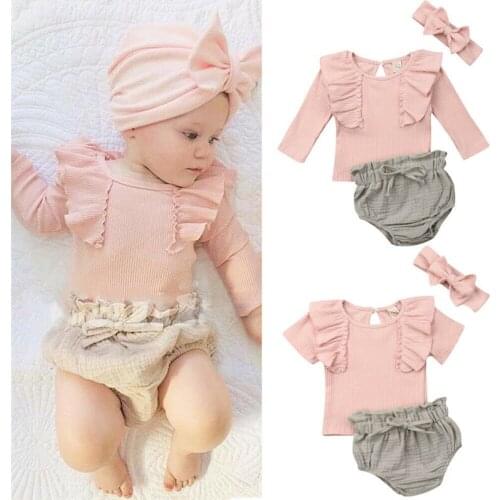 Toddler Girl Clothes Neugeborenes Baby Kleidung Rüschen Tops T-Shirt Shorts Stirnband Outfits Set Baby Girl Clothes Cotton