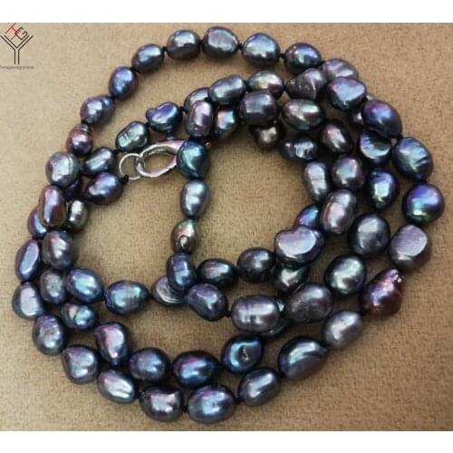 Women Jewelry 9mm Bright black blue gray pearl 128cm 50'' necklace baroque pearl handmade real natural freshwater pearl gift