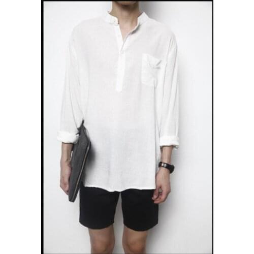S-6xl Chinese Style Casual Summer Linen Shirt Mens Cotton Linen Long Sleeve Stand Collar Solid Color Thin Shirts Singer Clothes