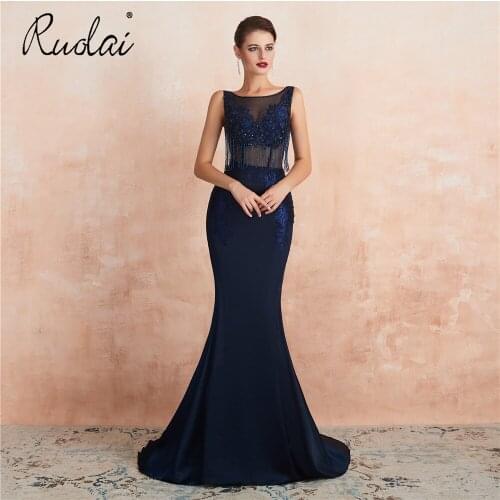24357 Sexy Navy Blue Appliued with Sequin 3D Flowers Tassel Beadings See-through Formal Party Evening Dress Long Dresses