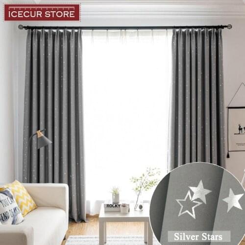 ICECUR Shiny Silver Star Window Blackout Curtains for Kids Child Bedroom Window Voile Tulle Curtains for Living Room Home Decor