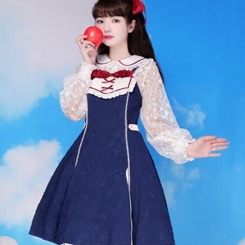 Blue White Lolita Op A-line Peter Pan Collar Lace Jacquard Summer Long Sleeve Cosplay Kawaii Sweet Girls Gothic Victorian Dress