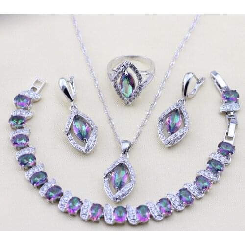XUTAAYI Top Quality Silver Jewelry Sets Multicolor Rainbow White Zircon Flawless Necklace/Rings/Earrings/Bracelet For women