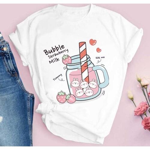 WVIOCE Strawberry Juice Graphic Print T-shirt Women Harajuku Aesthetic White Tops Tshirt Summer Fashion Female T Shirt 29689