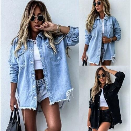 Women Look Thin Ripped Denim Jacket Biker Casual Long Sleeves Jeans Coat Overcoat New Fashion