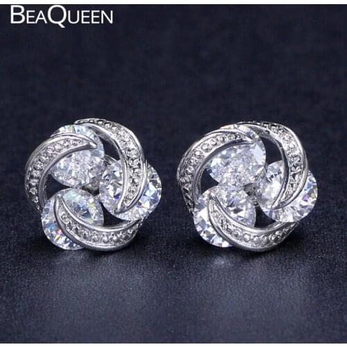 BeaQueen Unique White Gold Color 3 AAA Round Cubic Zirconia Crystal Lovely Stud Earrings Fashion Jewelry for Women E174