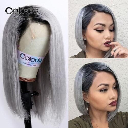 COLODO 1B/Grey Bob Lace Front Wigs with Baby Hair Pre Plucked Side Part Bob Wig Brazilian Remy Short Human Hair Wigs for Women