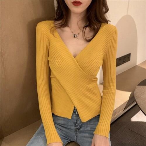 Womens 2021 New Autumn Winter V Neck Solid Color Long Sleeved Cross Fit Knit Tops For Ladies Casual All Match Sweater