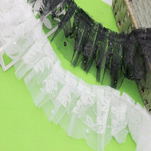 2M/lot 6.5cm wide Black white beaded double pleated lace DIY handmade clothes skirt trimmed decorative accessories SC343