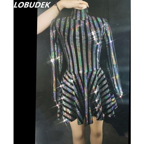 Sparkly Multi-color Sequin Black Velvet Stripe Short Dress Women Singer Dancer Sexy Stage Wear Jazz DJ Performance Dance Costume