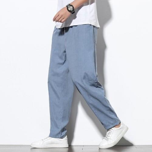 Dropshipping Male Sweatpants Joggers Autumn Korean Mens Cotton Linen Loose Sweatpants Men Solid Harajuku Streetwear Harem Pants