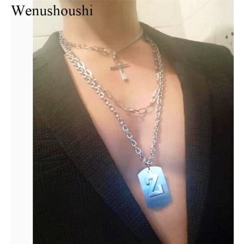 Color do not fade ) stainless steel A to Z letter multilayer necklace men street hip hop military card cross necklace women