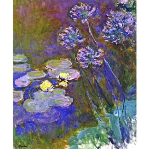 100% handmade landscape oil painting reproduction on linen canvas,water-lilies-and-agapanthus-1 by claude monet,Free DHL Shippin