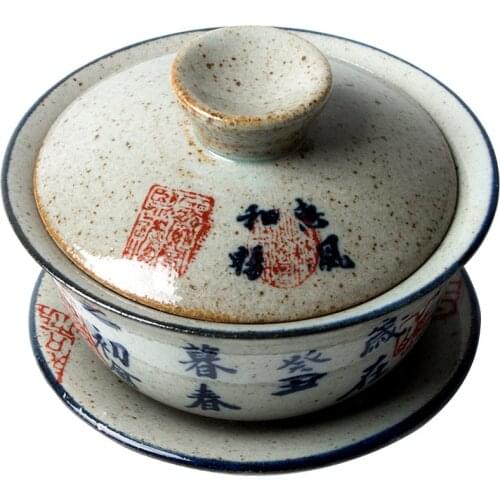 Ceramic Sancai cover bowl Jingdezhen retro hand painted tea bowl antique rough pottery gaiwan