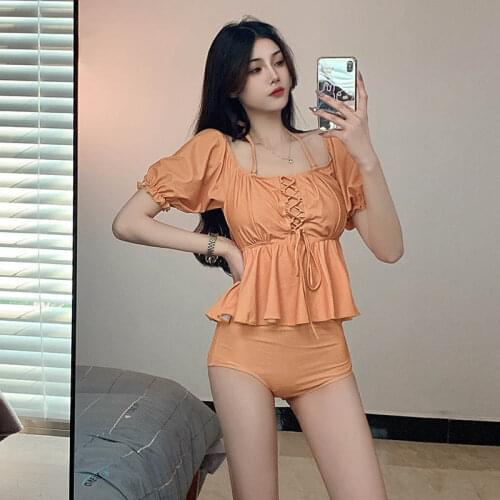 Swimsuit Women Conservative New Fashion Solid Color One-Piece Swimwear Puff Sleeves Ruffled Hem Small Fresh Korean Hot Spring