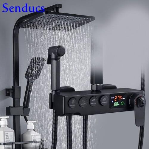 Matte Black Shower Set Quality Brass Waterfall Bathroom Mixer Faucets Round Button Hot Cold Thermostatic Digital Shower Set