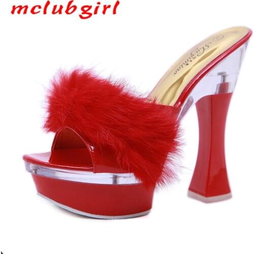 Mclubgirl 14CM Rabbit Hair Thick Heel Slippers Women Summer Waterproof Platform Anti-skid Thick Bottom Feeling Shoes LFD