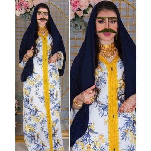 Middle Eastern Muslim Fashion Clothes for Women V-Neck Kaftan Moroccan Pakistani Dress Elegant Flower Print Abayas for Female