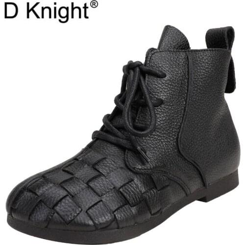 Classic Genuine Leather Ankle Boots Women New Fashion Flats Autumn Lace Up High Top Casual Waterproof Shoes Female Western Boots