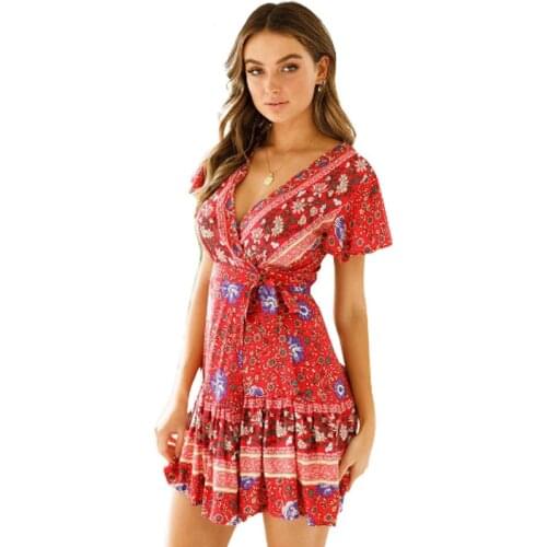 Sexy Floral Print V Neck Bohemian Skirt Short Sleeve Dresses For Women 21 Summer New Fashion Slim Blue Pink Red Feminina CX1513