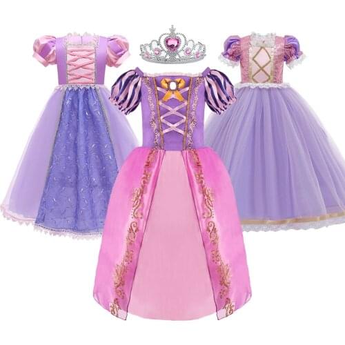 Rapunzel Dress Girls Tangled Costume Crown and Wig Little Girl Birthday Party Costume Kids Cosplay Christmas Evening Dress