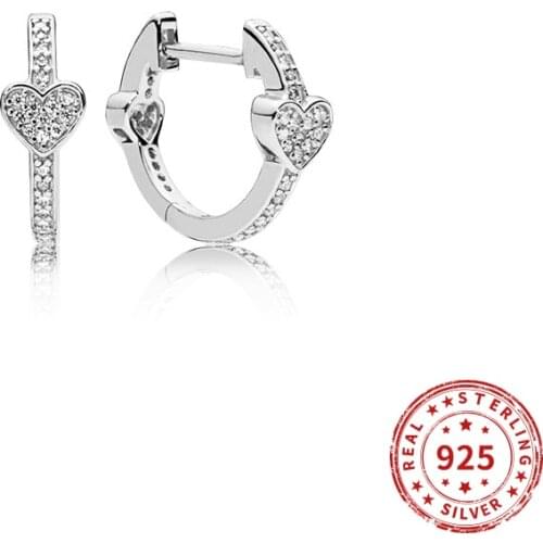 Real 925 Sterling Silver Earring Pave Heart Hoop Earrings For Women Birthday Party Fine Jewelry Gift