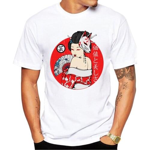 TEEHUB Newest Japanese Geisha Men T-Shirt Fashion Samurai Girl Printed t shirts Short Sleeve Casual Tshirts Funny Fox Mask Tee
