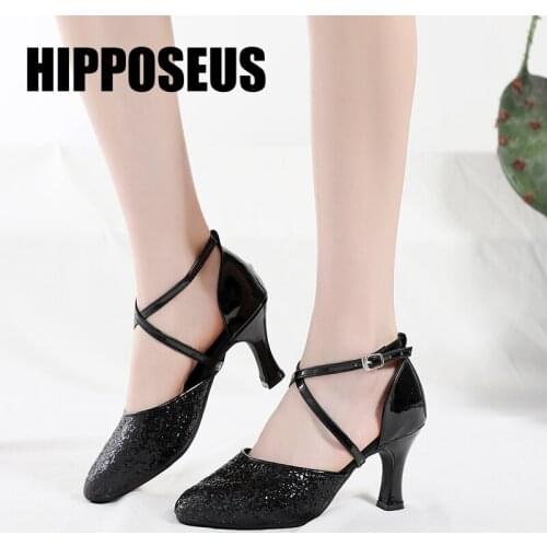 HIPPOSEUS Women Dance-Shoes Girls Latin Tango Modern Dance Shoes Ladies Ballroom Dancing Shoes High Heel Sequins Dance Shoes