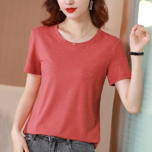 Korean style Summer Cotton Sequins T-shirt Tops Women Short Sleeve Casual O Neck Large size M-3XL women fashion tops