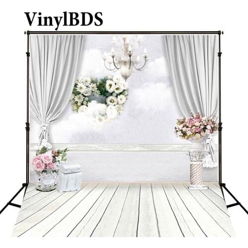 VinylBDS Newborn Baby Backdrop White Wood Floor Flores fondo foto boda Photocall Wedding Curtain Chandelier Indoor Backdrops