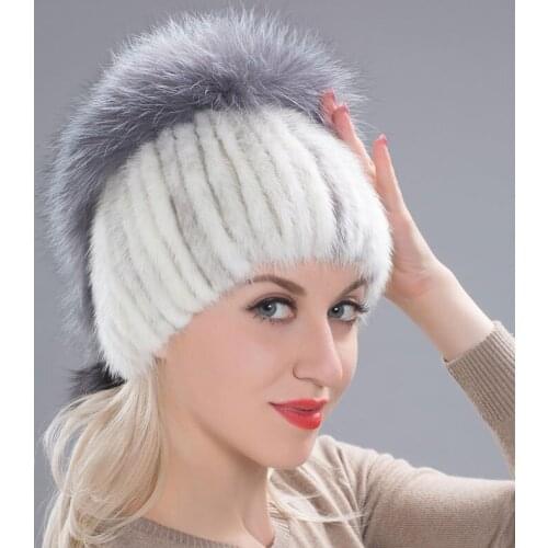 Womens Winter Mink Fur Hat Leather Knitted Water Helium Silver Fox Fur Hat Female Russia Warm Hat Female Fur Hat DHY17-37