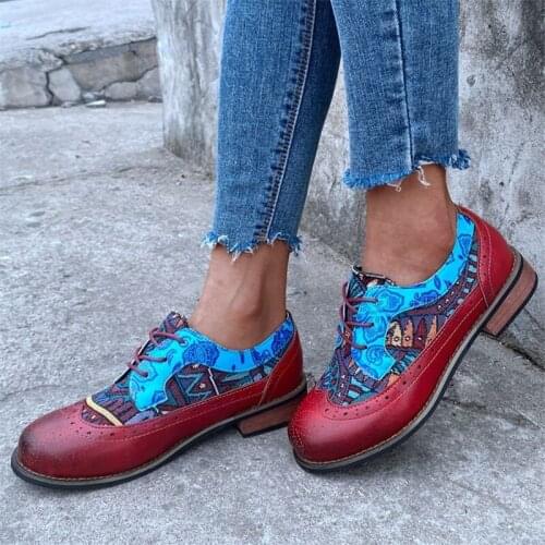 Ladies Thick Sole Mixed Colors PU Leather Print Casual Shoes Retro Classic Brogue Style Round Toe Platform Women Oxford Shoes