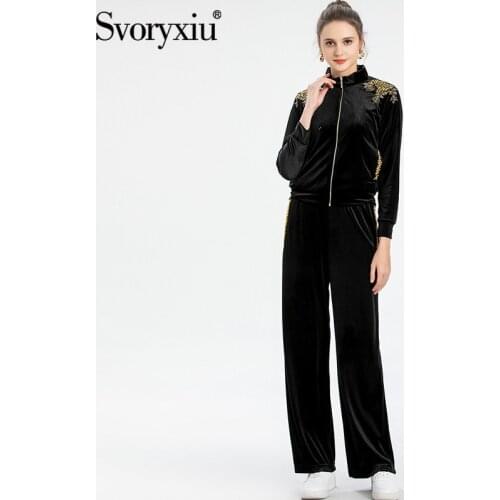Svoryxiu Fashion Autumn Women Black Wide Leg Pants Suit Solid O-Neck Coat + Beaded Sequins Elastic Waist Trousers 2-Piece Set