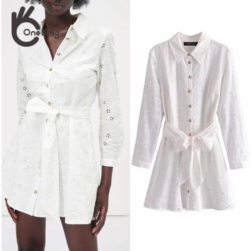 OneBling ZA Woman 2021 With Belt Embroidery White Office Lady Collar Long Sleeve Female Traf Dresses Elegant Causal Chic Outfits