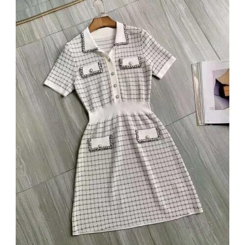 High Quality Sweater Dress 2021 Autumn Winter Clothes Women Geometric Patterns Short Sleeve Casual Black White Knitted Dress