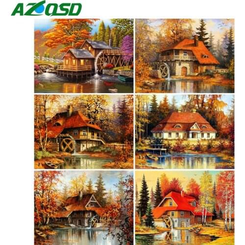 AZQSD 5D Diamond Painting House Autumn Cross Stitch Kits Diamond Embroidery Landscape Mosaic Rhinestones Handmade Home Decor