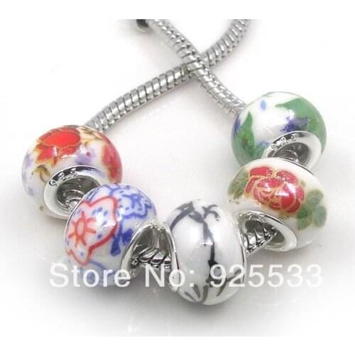 Free Shipping 50pcs Chinses Ceramic silver plated core Big Hole Loose Beads fit European Jewelry Bracelet Charm DIY
