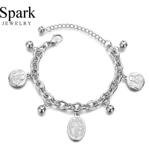 Spark Religous Jesus Christ Bracelet Adjustable Stainless Steel Saint Benedict Bead Charm Bracelets For Women Men Christmas Gift