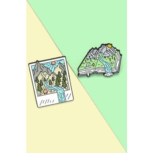 Camping Enamel Pin Custom Mountain Forest Photo Picture Book Brooch Bag Clothes Lapel Pins Badge Jewelry Gift for Friends